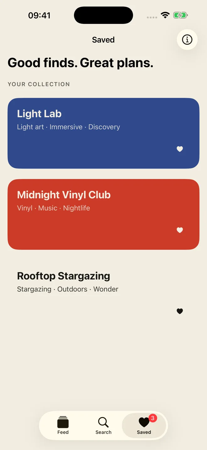 Saved events gathered in the app